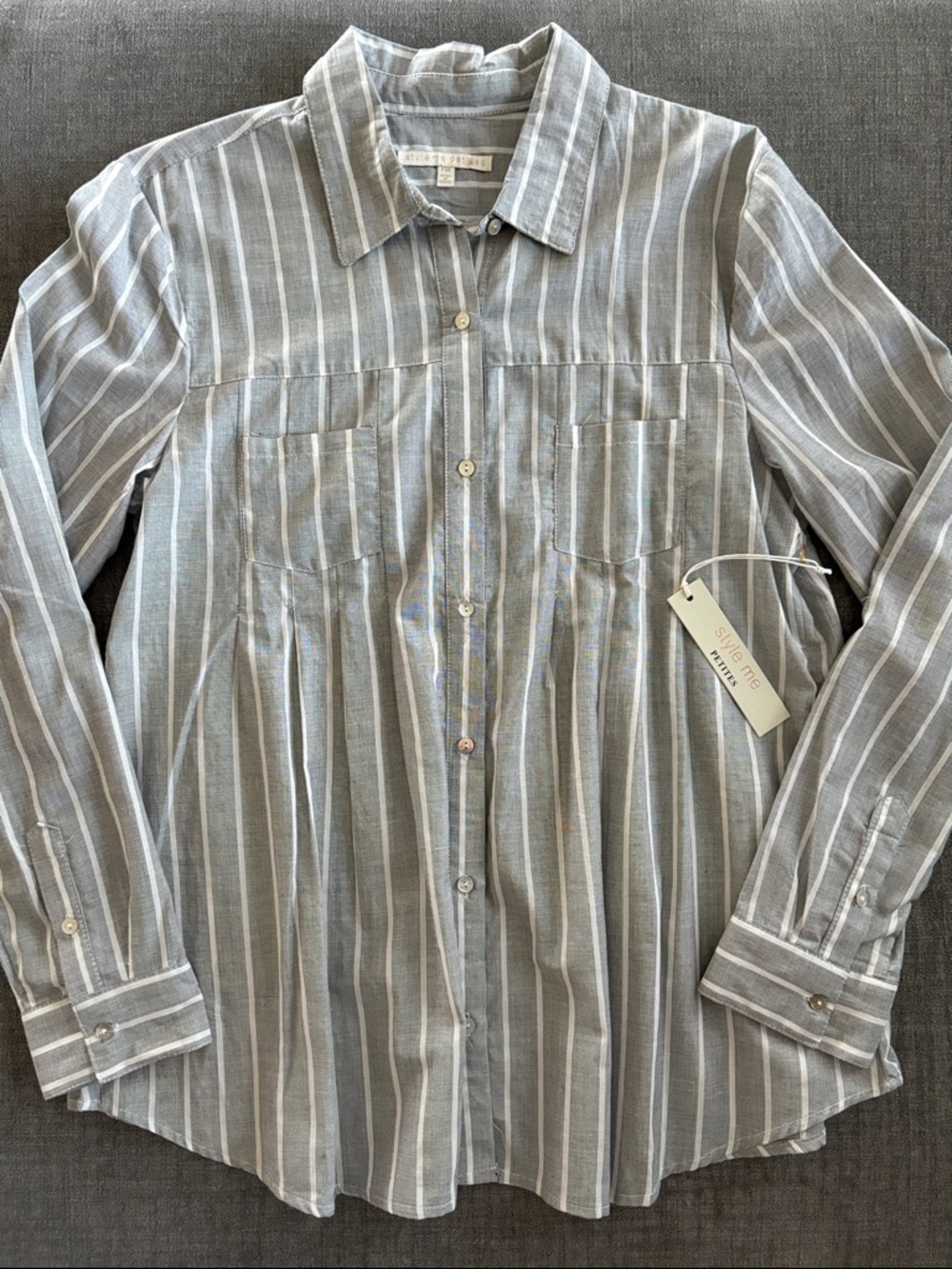 Gray and White Striped Button-Down Blouse with pleated detail - PM